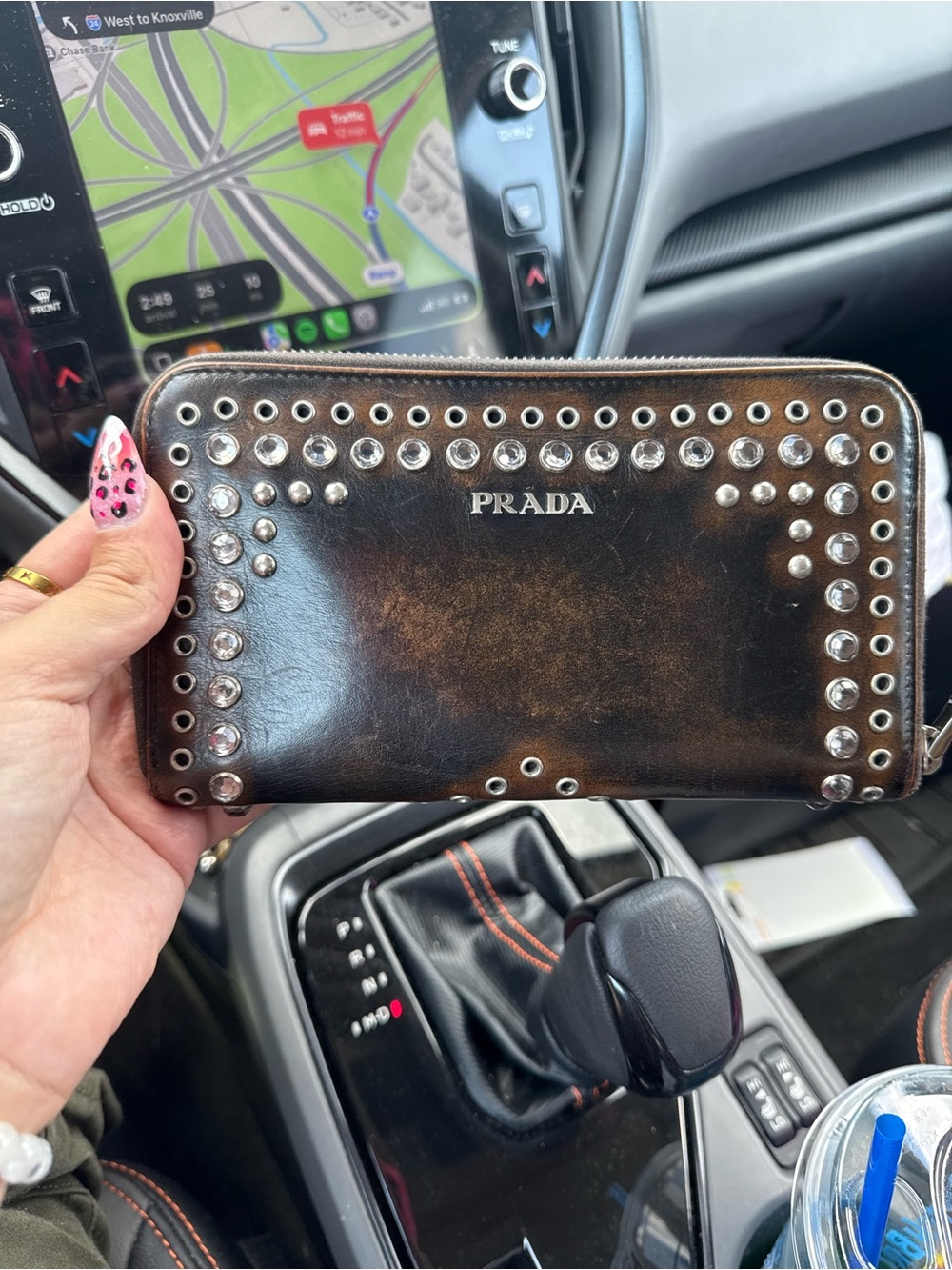 Prada Brown Leather Studded Zip Around Wallet with Silver Hardware